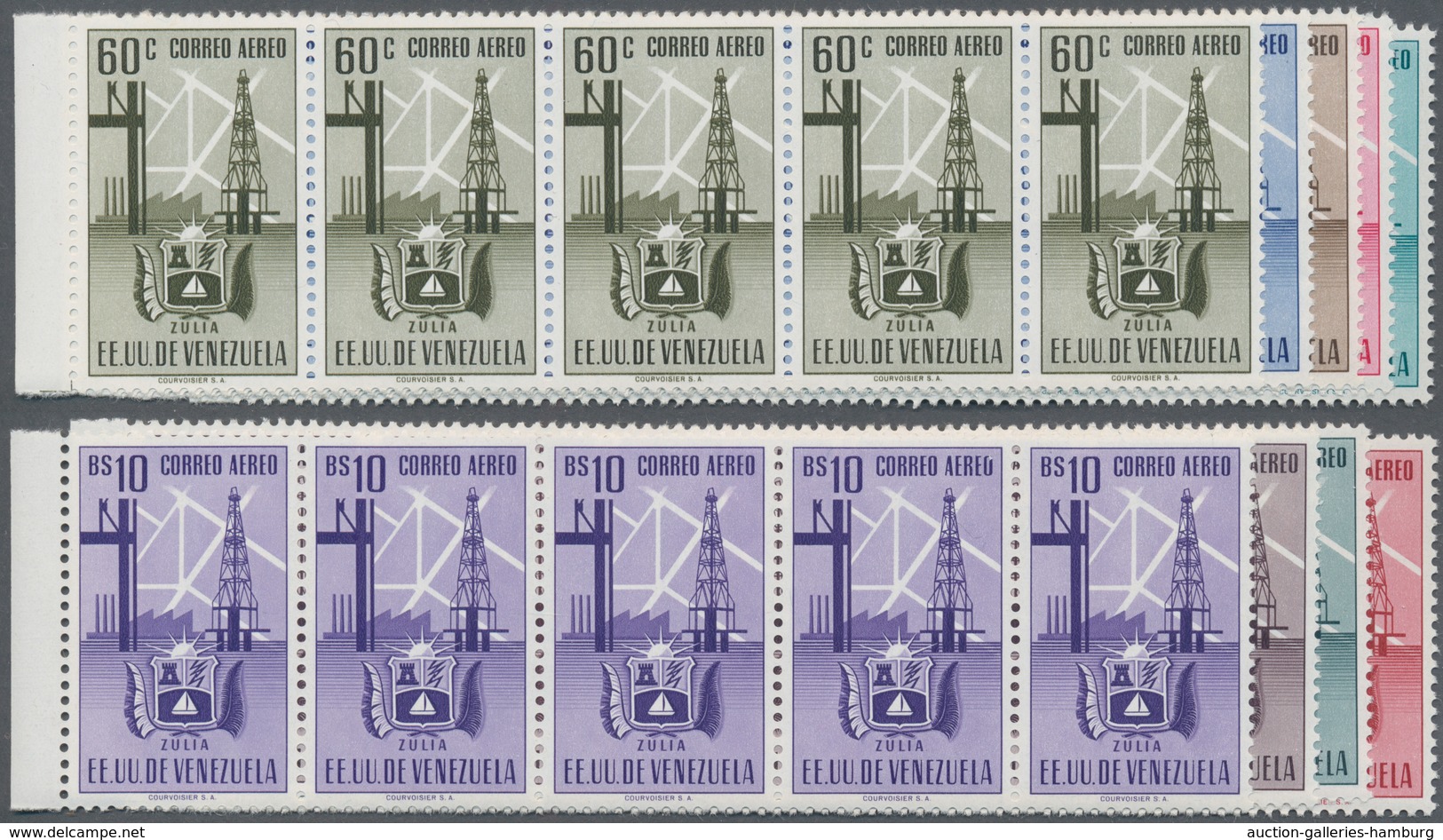 Venezuela: 1951, Coat Of Arms 'ZULIA' Airmail Stamps Complete Set Of Nine In Horizontal Strips Of Fi - Venezuela