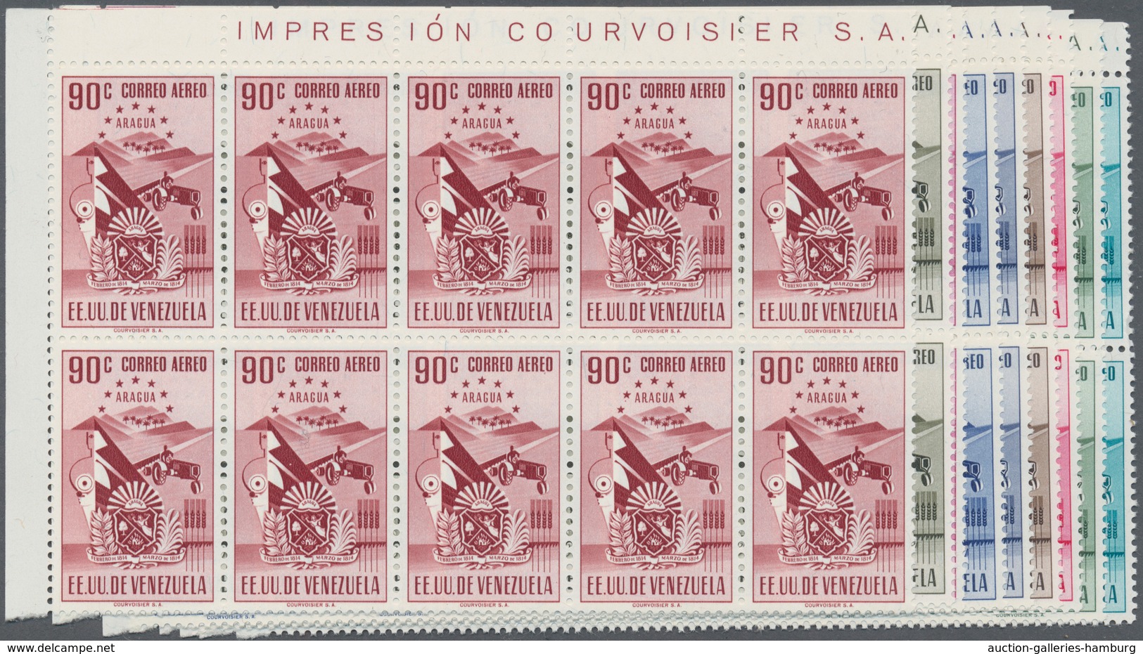 Venezuela: 1952, Coat Of Arms 'ARAGUA' Airmail Stamps Complete Set Of Nine In Blocks Of Ten From Upp - Venezuela