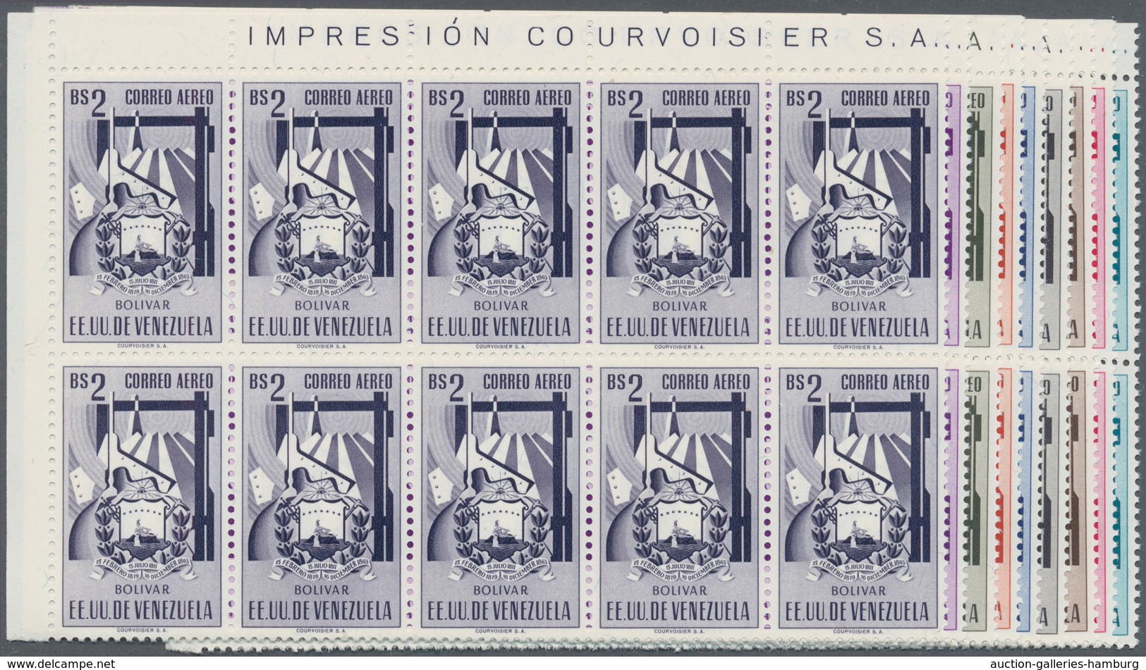 Venezuela: 1952, Coat Of Arms 'BOLIVAR' Airmail Stamps Complete Set Of Nine In Blocks Of Ten From Up - Venezuela