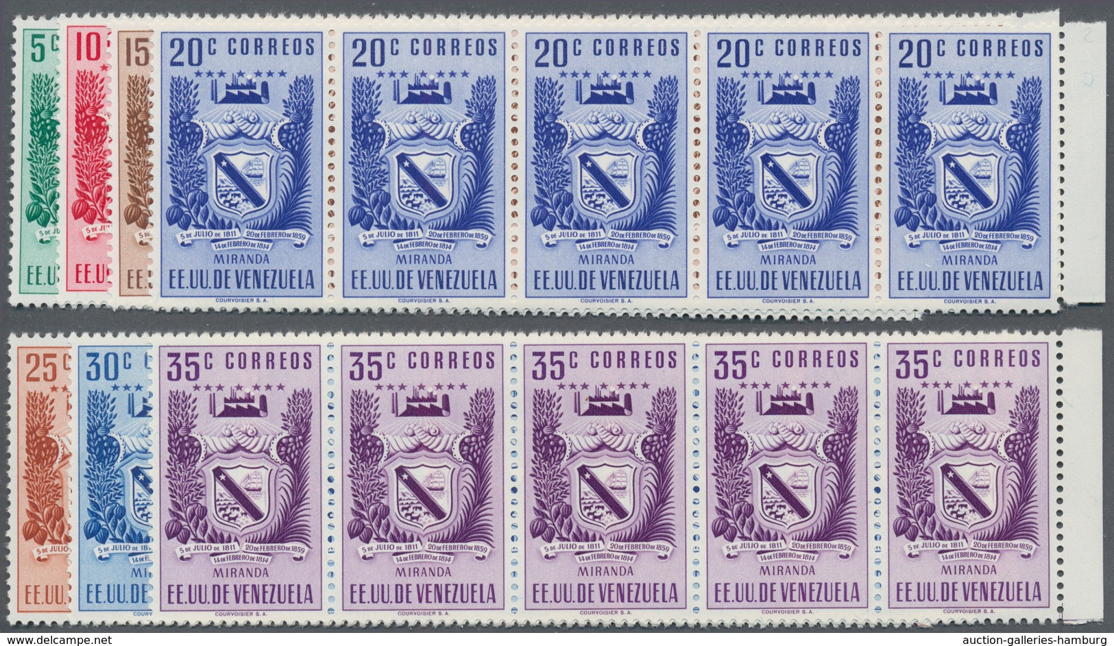 Venezuela: 1952, Coat Of Arms 'MIRANDA' Normal Stamps Complete Set Of Seven In Horizontal Strips Of - Venezuela
