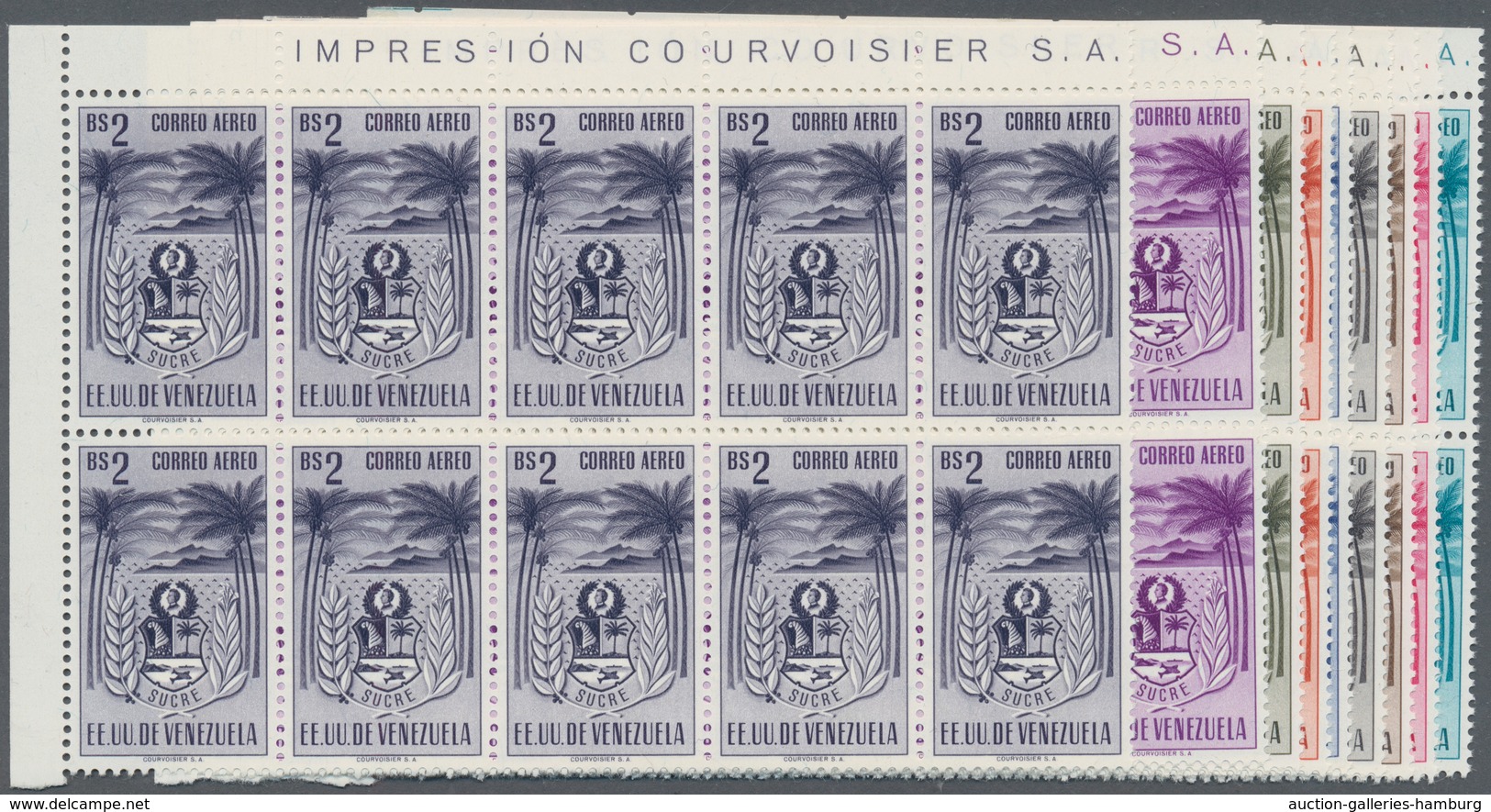 Venezuela: 1952, Coat Of Arms 'SUCRE' Airmail Stamps Complete Set Of Nine In Blocks Of Ten From Uppe - Venezuela