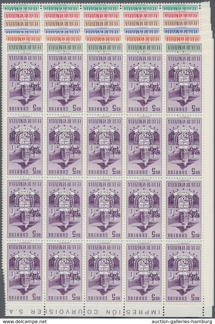 Venezuela: 1953, Coat Of Arms 'MERIDA' Normal Stamps Complete Set Of Seven In Blocks Of 20 From Uppe - Venezuela