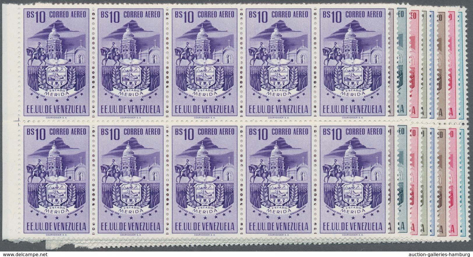 Venezuela: 1953, Coat Of Arms 'MERIDA' Airmail Stamps Complete Set Of Nine In Blocks Of Ten From Lef - Venezuela