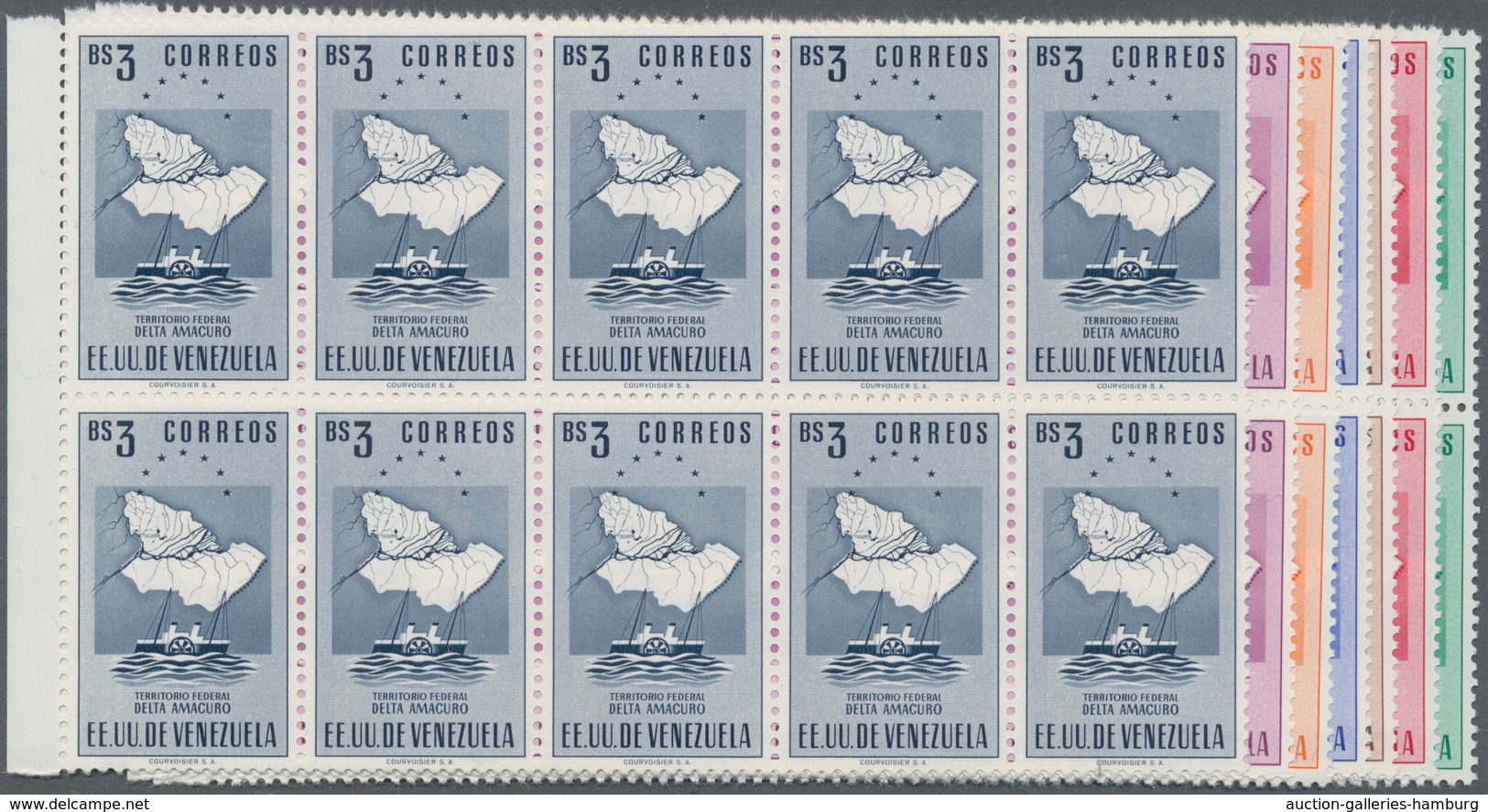 Venezuela: 1952, Coat Of Arms 'DELTA AMACURO' Normal Stamps Complete Set Of Seven In Blocks Of Ten F - Venezuela