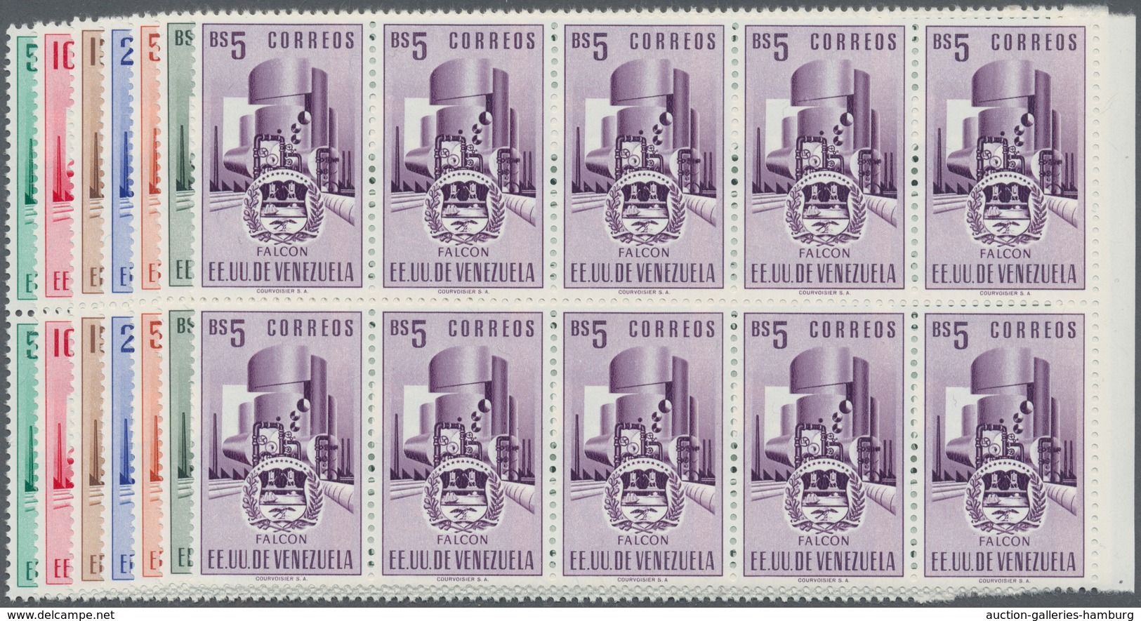 Venezuela: 1953, Coat Of Arms 'FALCON' Normal Stamps Complete Set Of Seven In Blocks Of Ten From Rig - Venezuela