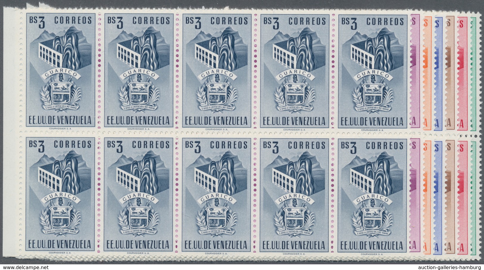 Venezuela: 1953, Coat Of Arms 'GUARICO' Normal Stamps Complete Set Of Seven In Blocks Of Ten From Le - Venezuela