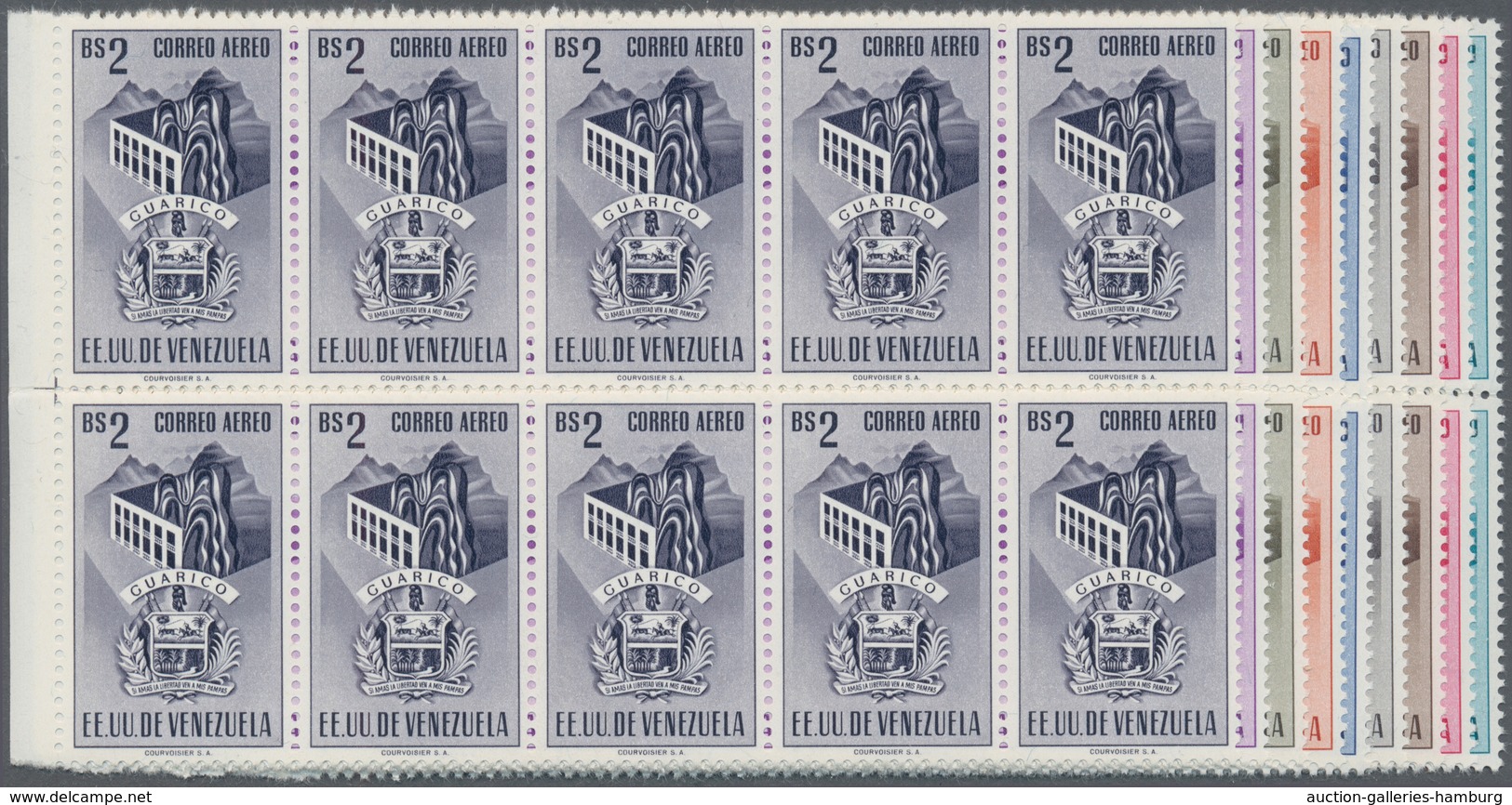 Venezuela: 1953, Coat Of Arms 'GUARICO' Airmail Stamps Complete Set Of Nine In Blocks Of Ten From Le - Venezuela