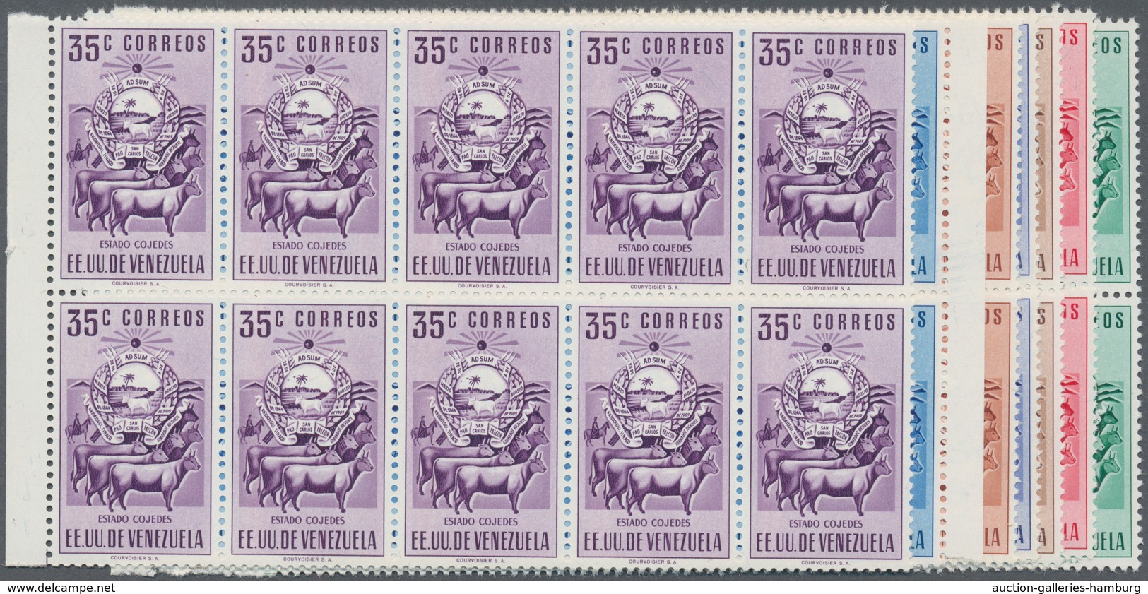 Venezuela: 1953, Coat Of Arms 'COJEDES' Normal Stamps Complete Set Of Seven In Blocks Of Ten From Le - Venezuela