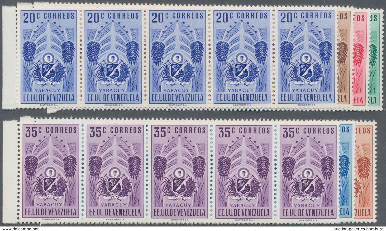 Venezuela: 1953, Coat Of Arms 'YARACUY' Normal Stamps Complete Set Of Seven In Horizontal Strips Of - Venezuela