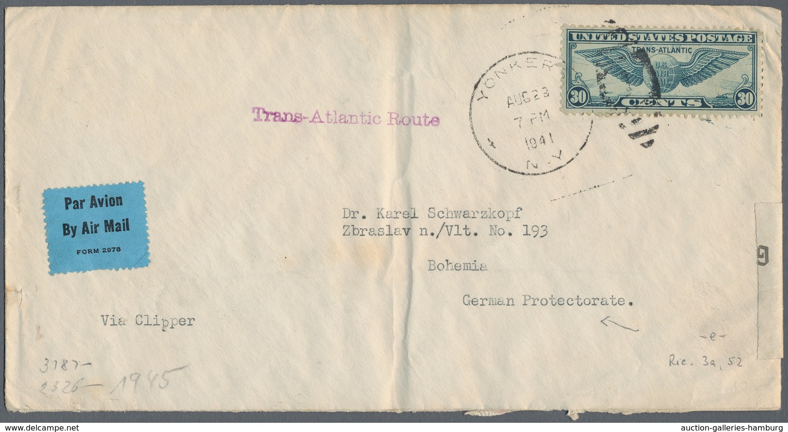 Vereinigte Staaten Von Amerika: 1941 - US C24 30c Cancelled By Duplex "YONKERS AUG 23 N.Y" On Censor - Used Stamps