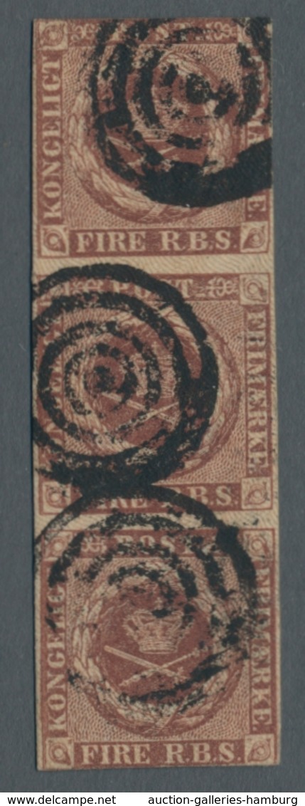 Dänemark: 1852, Fire R.B.S., Bild Und Unterdruck Buchdruck Im Senkrechten Dreierstreifen Mit Stummen - Usado