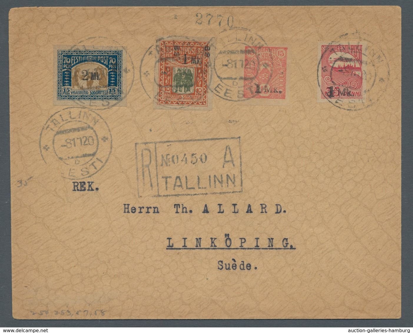 Estland: 1920, R-Brief Aus Tallinn (Reval) Nach Linköping/Schweden Mit Überdruckausgaben Freimarken - Estonia