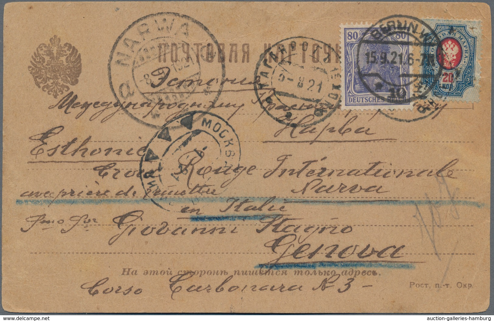 Estland: 1921 (5. August), Russia Postcard With 20K Franking From TANGAROG (in 1921 Part Of The Ukra - Estonia