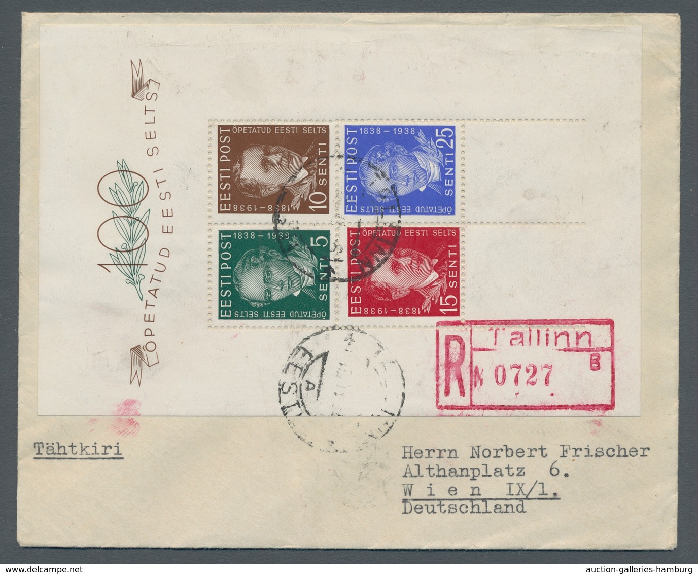 Estland: 1938, "Centenary Of The Scholarly Block", As Single Franking On R-letter From TALLINN To Vi - Estonia