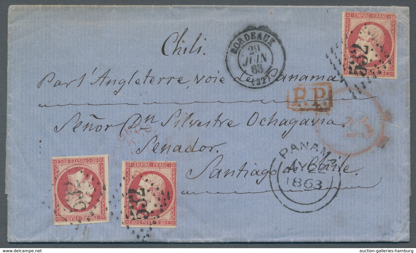 Frankreich: 1860, Napoleon II, 80 C Rosa Drei Vollrandige Werte (1 Marke Links Tangiert) Auf Brief ( - Usati