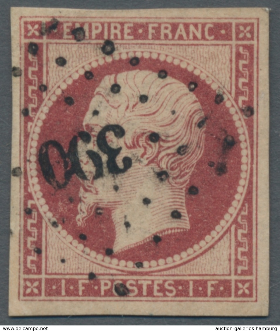 Frankreich: 1853, "Napoleon III." 1 Franc Karmin Vollrandig Geschnitten Entwertet Mit Nummernstempel - Used Stamps