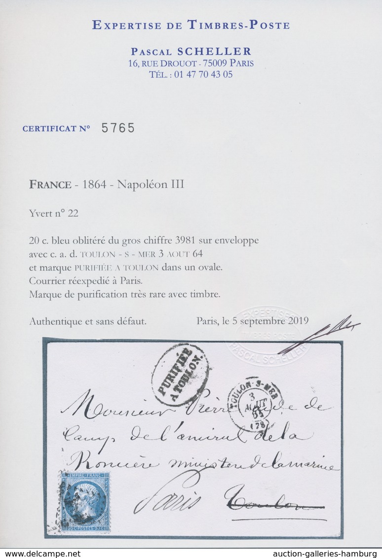 Frankreich: 1863, Disinfected Mail Black Oval Framed "PURIFIEE A TOULON" On Cover Franked With 20C E - Usados