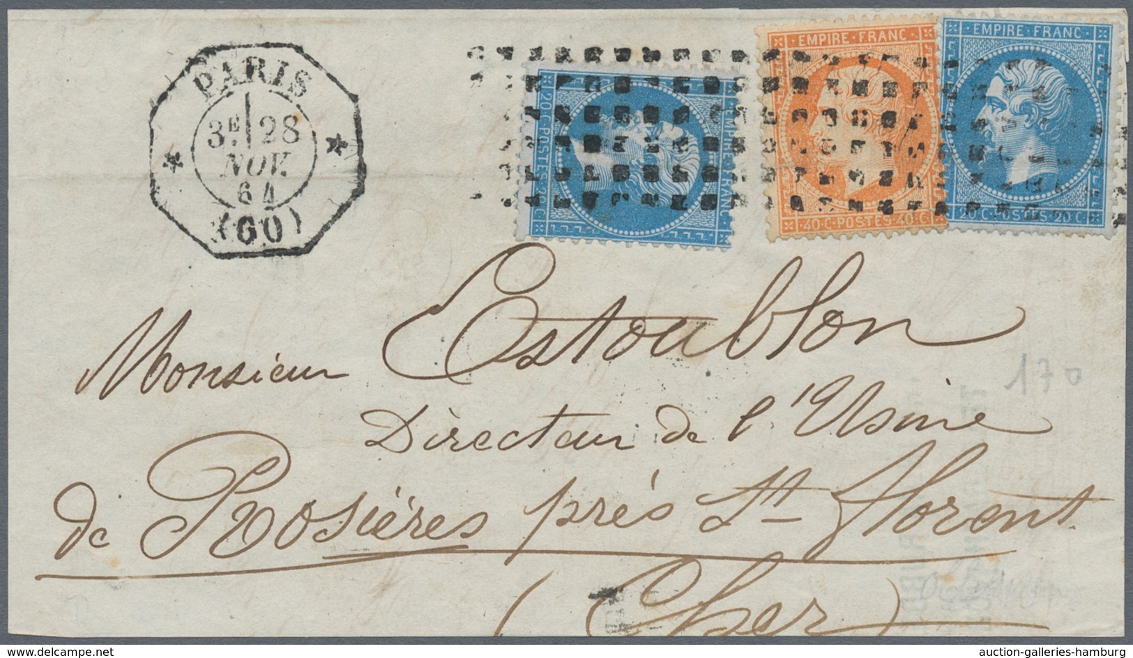 Frankreich: 1864, Napoleon Empire Dentelé 20c Blue X 2 And 40c Orange On COVER FRONT (80c Tariff) Ti - Usados