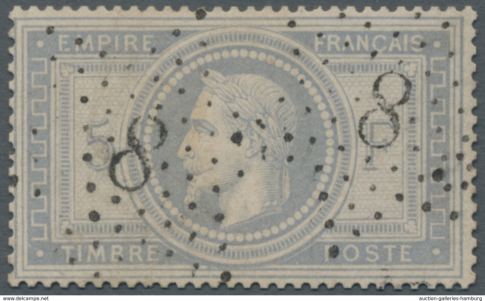 Frankreich: 1869, "Napoleon III." 5 Franc Grauviolett Entwertet Mit Nummernstempel "8". Die Marke Is - Usados