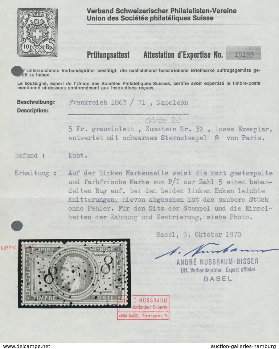 Frankreich: 1869, "Napoleon III." 5 Franc Grauviolett Entwertet Mit Nummernstempel "8". Die Marke Is - Used Stamps