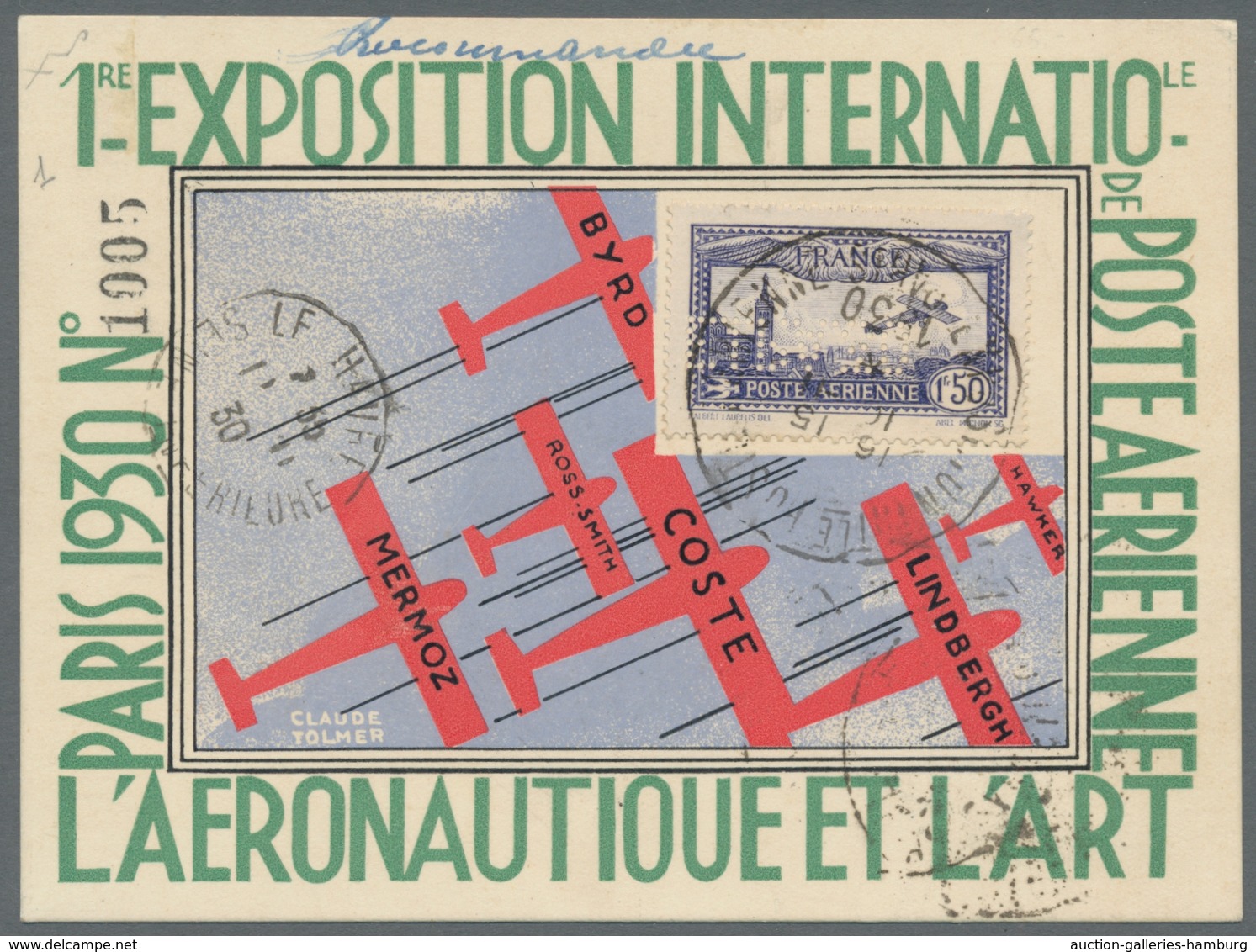 Frankreich: 1930, 1,50 Fr. Flugpostmarke Mit Durchlochung "E.I.P.A. 30", Auf Nummerierter R- Austell - Usados