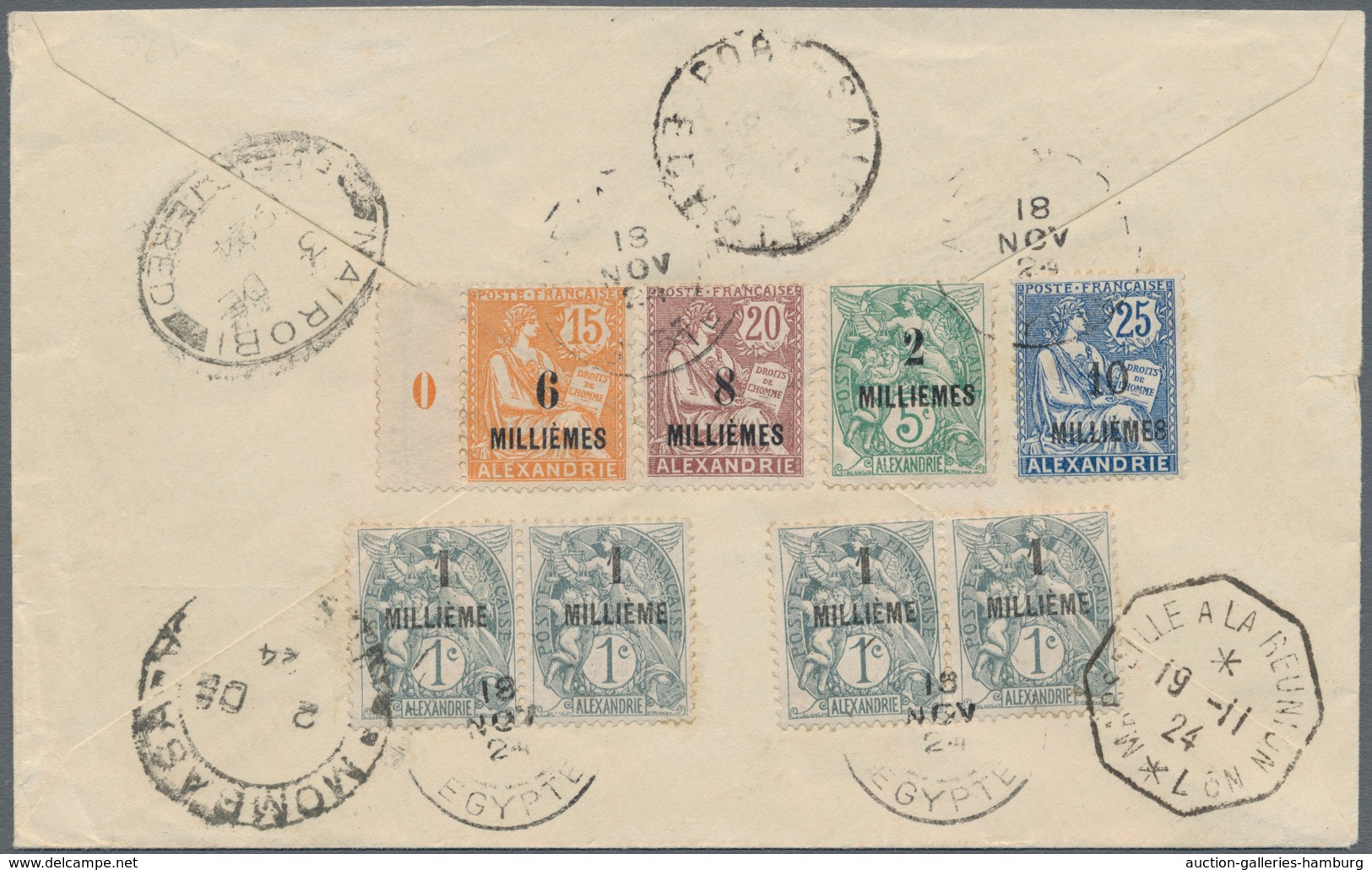 Französische Post In Ägypten - Alexandria: 1924, 5-color Franking With 8 Surcharged Stamps From 1 M - Other & Unclassified