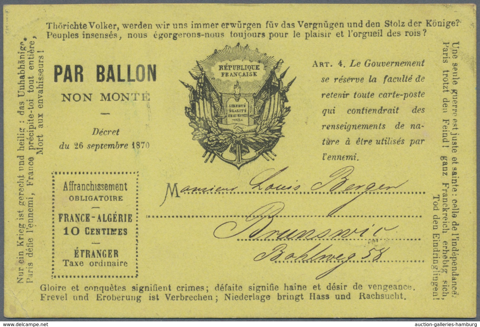 Frankreich - Ballonpost: 1872 THE ONLY KNOWN POSTALLY USED EXAMPLE OF THE PROPAGANDA "PAR BALLON MON - 1960-.... Cartas & Documentos