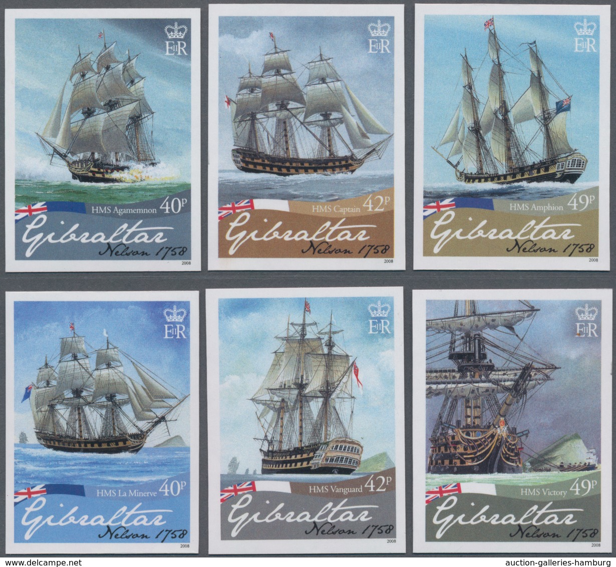 Gibraltar: 2008. Complete Set (6 Values) "250th Birthday Of Lord Horatio Nelson" In IMPERFORATE Sing - Gibraltar