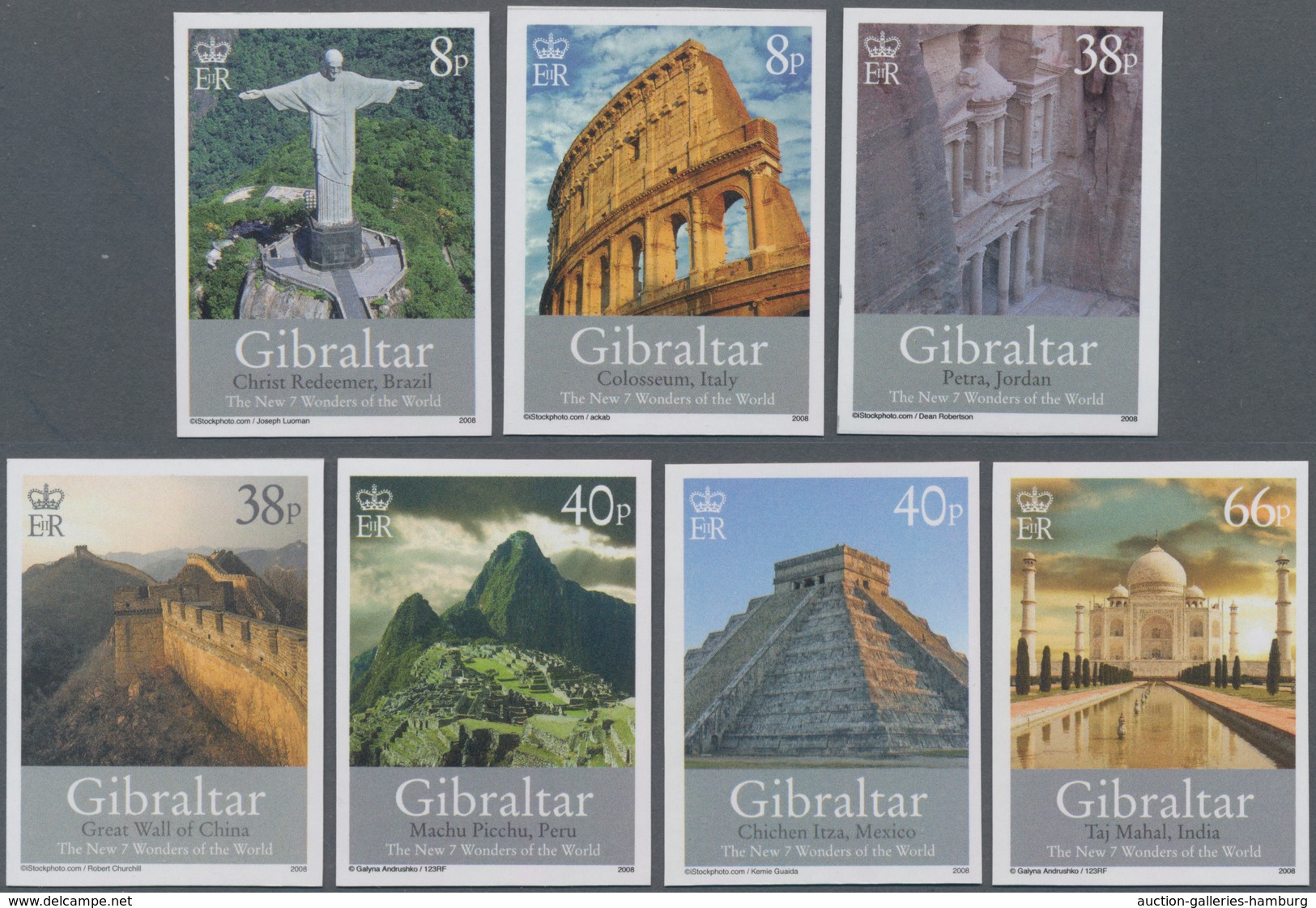 Gibraltar: 2008. Complete Set (7 Values) "The New Seven Wonders Of The World" In IMPERFORATE Single - Gibraltar