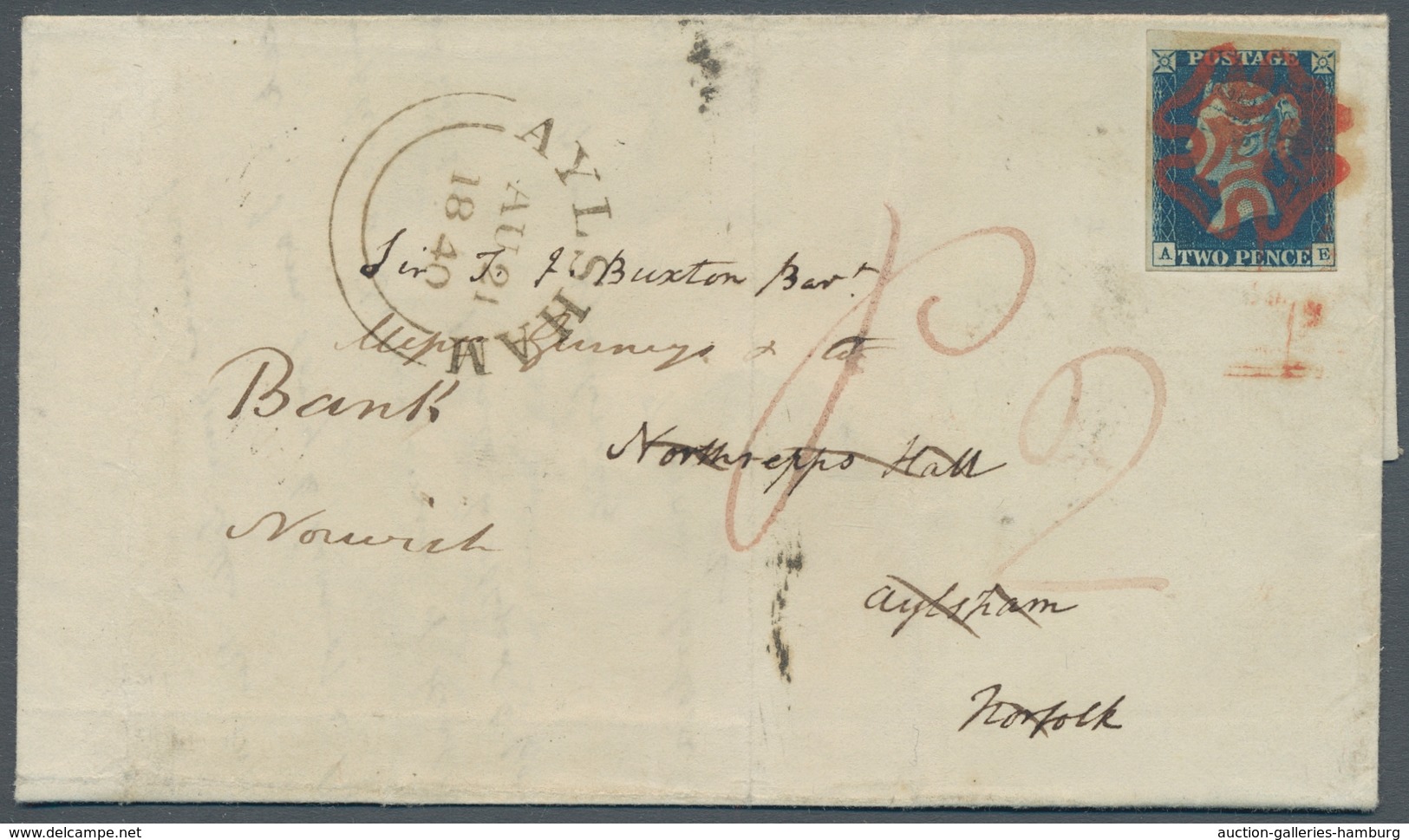 Großbritannien: 1840, 2 Pence Blue, Plate 1, With Full Margins From The Upper Margin In Bright Colou - Other & Unclassified