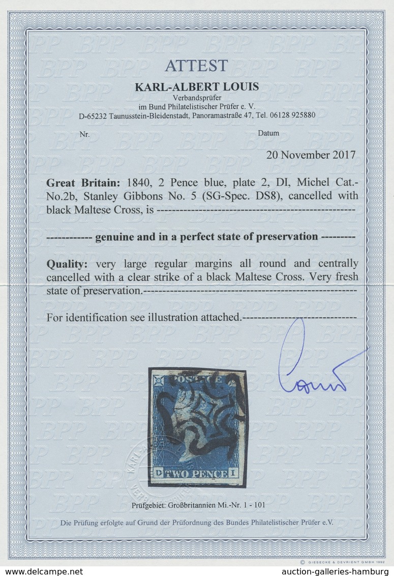Großbritannien: 1840, "TWO PENCE Blue, Plate 2, D-I", Extremely Fresh In Colour, With Wide Margins O - Other & Unclassified