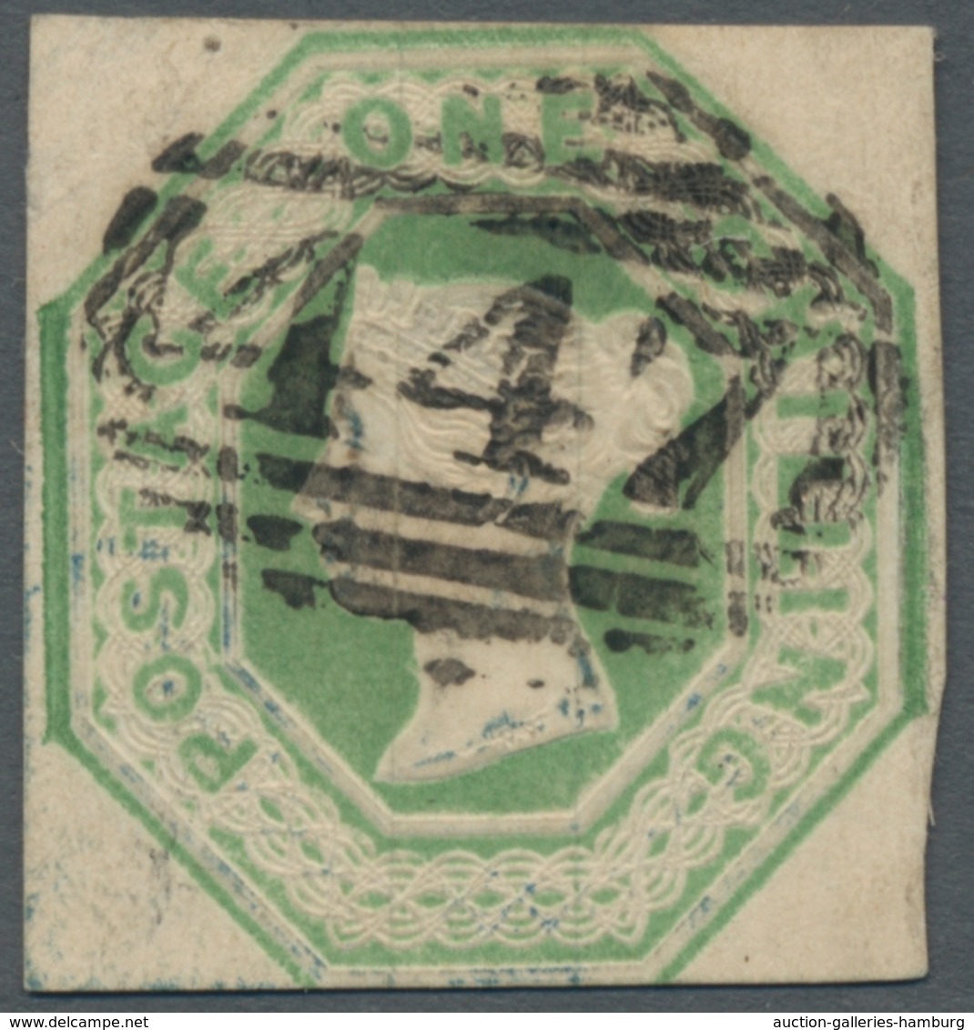 Großbritannien: 1847, Queen Victoria Embossed, One Shilling Pale Green, Cut-square Stamp With Numera - Otros & Sin Clasificación