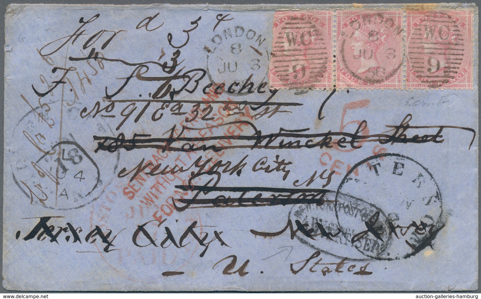 Großbritannien: 1856, 4c Carmine-red In Stripe Of Three Cancelled With "W.C. 9" On Cover From London - Otros & Sin Clasificación