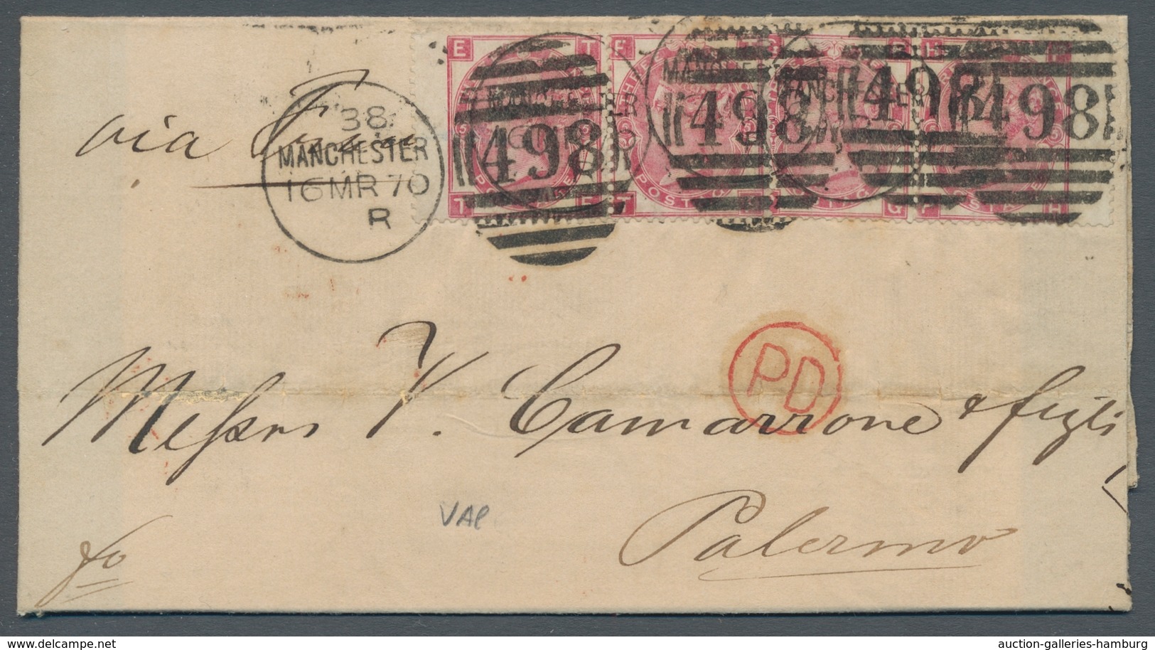 Großbritannien: 1867, 3 Pence Rose, Two Horizontal Pairs On A Letter From Manchester (four Times Sta - Other & Unclassified