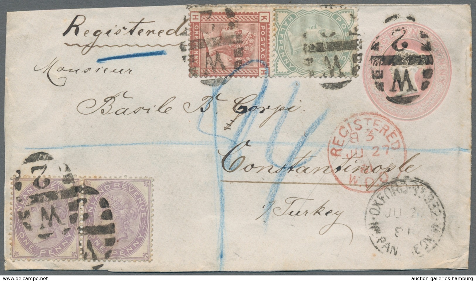 Großbritannien: 1880, Four-colour Franking Consisting Of Postage Stamps, Postal Stationary Cover And - Otros & Sin Clasificación