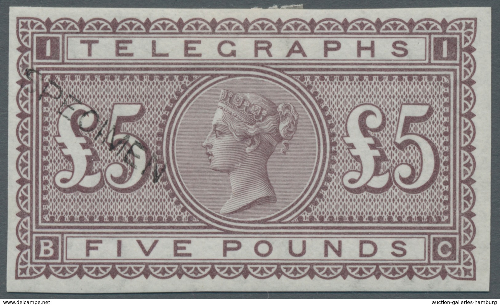 Großbritannien - Telegrafenmarken: 1877, Queen Victoria, Telegraph Stamp, Five Pounds, Imperforated - Otros & Sin Clasificación