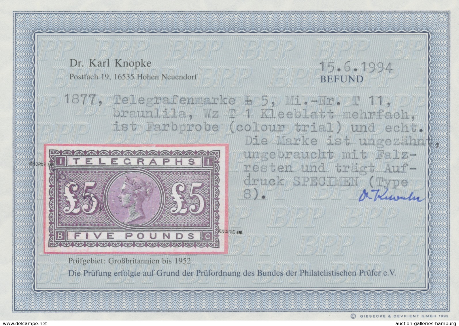 Großbritannien - Telegrafenmarken: 1877, Queen Victoria, Telegraph Stamp, Five Pounds, Imperforated - Otros & Sin Clasificación