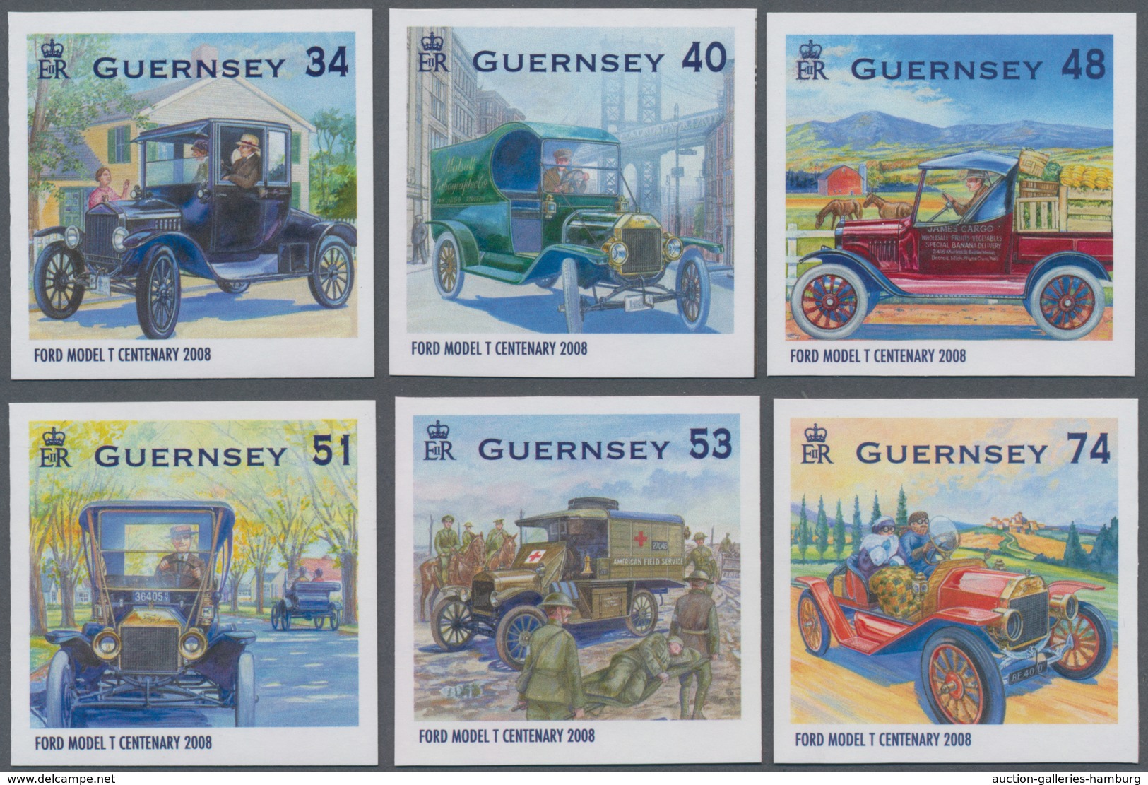 Großbritannien - Guernsey: 2008. Complete Set (6 Values) "100 Years Ford Automobile Model T" In IMPE - Guernsey
