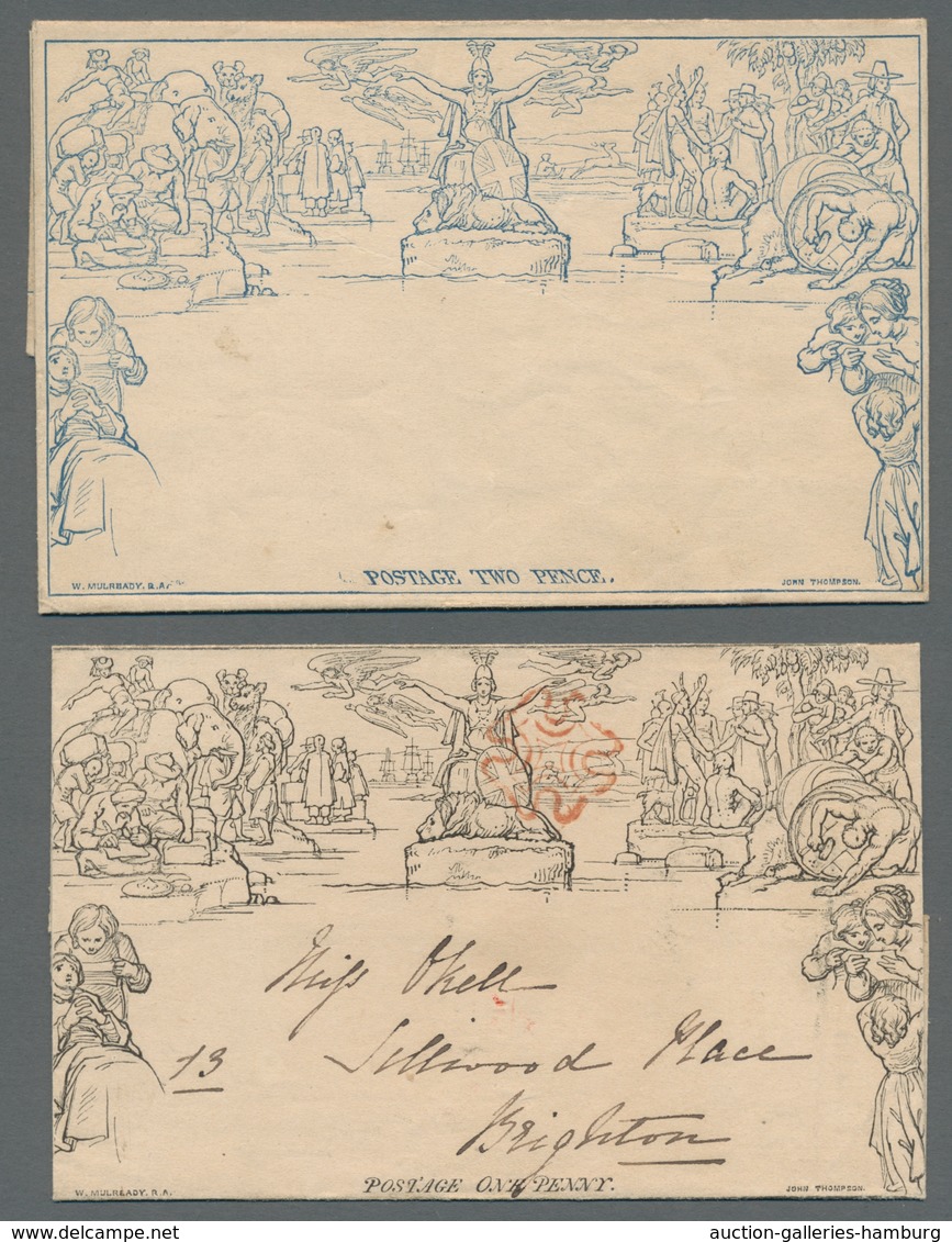 Großbritannien - Ganzsachen: 1840, The Two Mulready Envelopes. Included Is The One Penny Black, Used - 1840 Sobres & Cartas Mulready