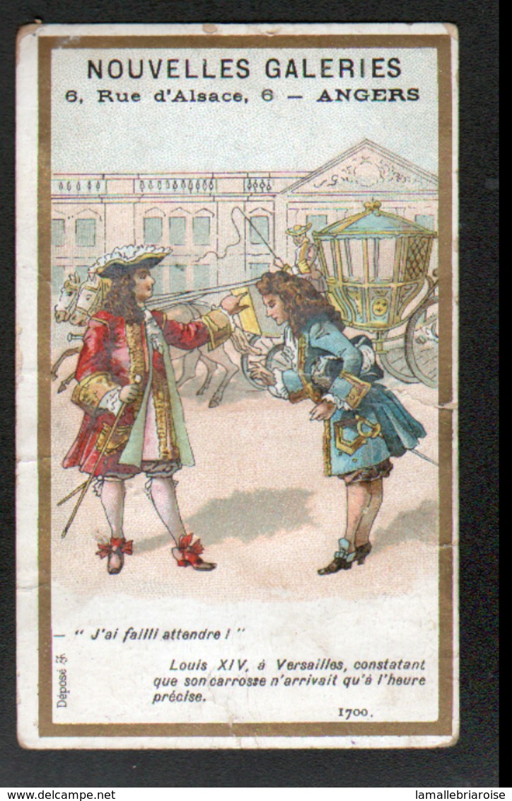 Chromo Nouvelles Galeries, Louis XIV A Versailles, Constatant Que Son Carosse N'arrivait Qu' A L'heure Precise, 1700 - Autres & Non Classés