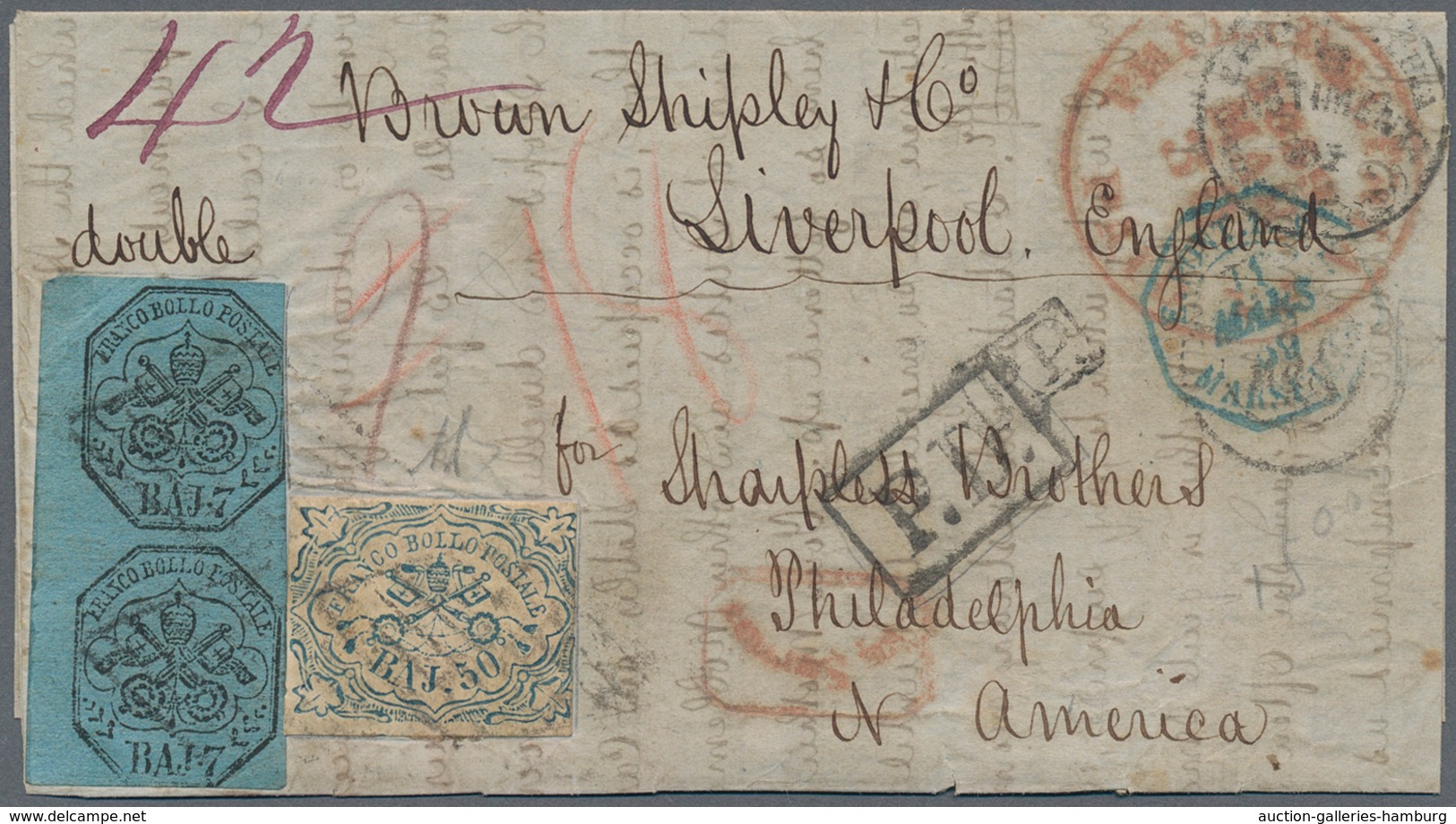 Italien - Altitalienische Staaten: Kirchenstaat: 1852, 50 Baj Blue, Three Full Margins, At Right Sli - Estados Pontificados