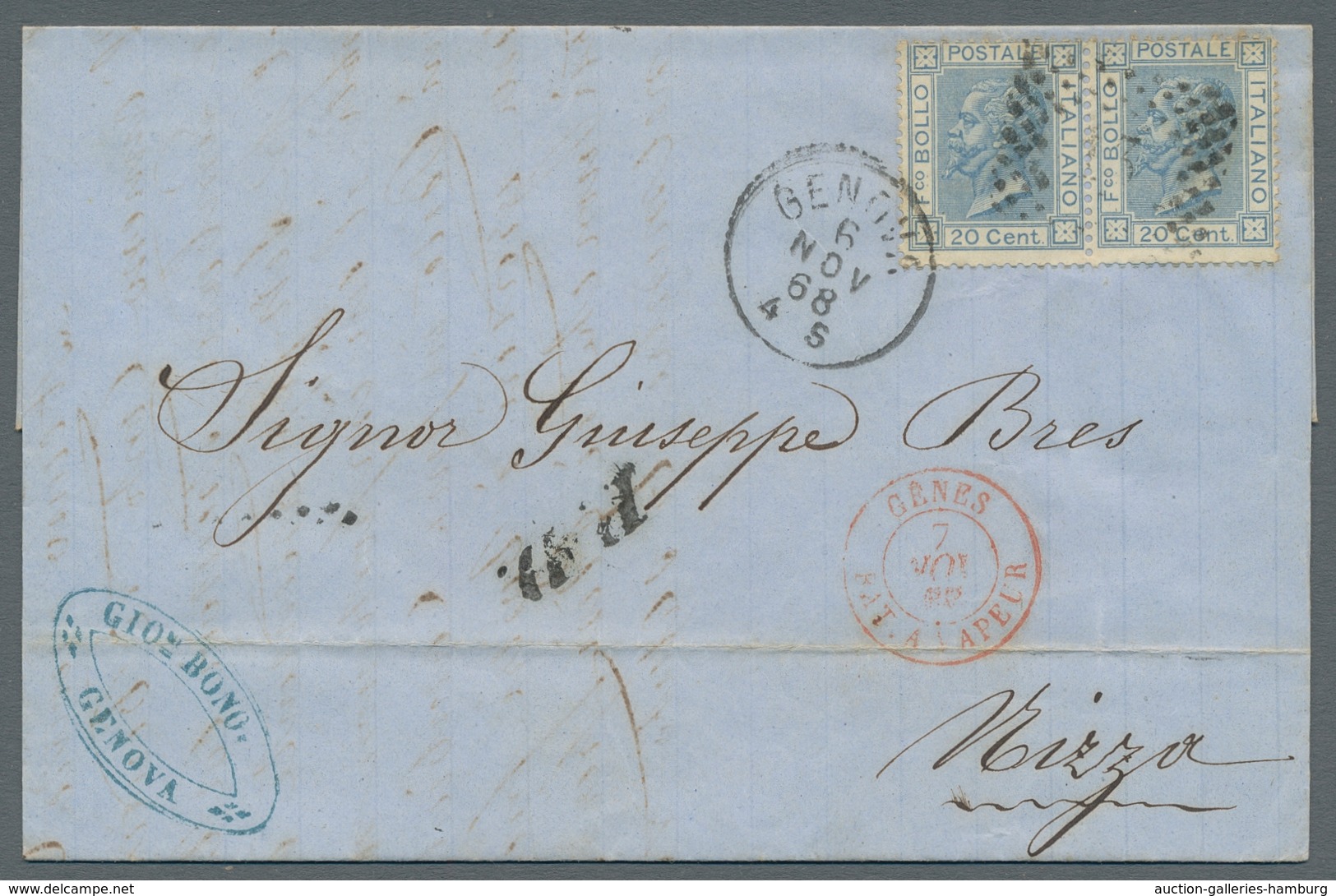 Italien: 1867-1869, Engroslot Von Fünfzehn Briefen, Jeweils Frankiert Mit Zweimal Italien 20 Cent. ( - Marcophilia