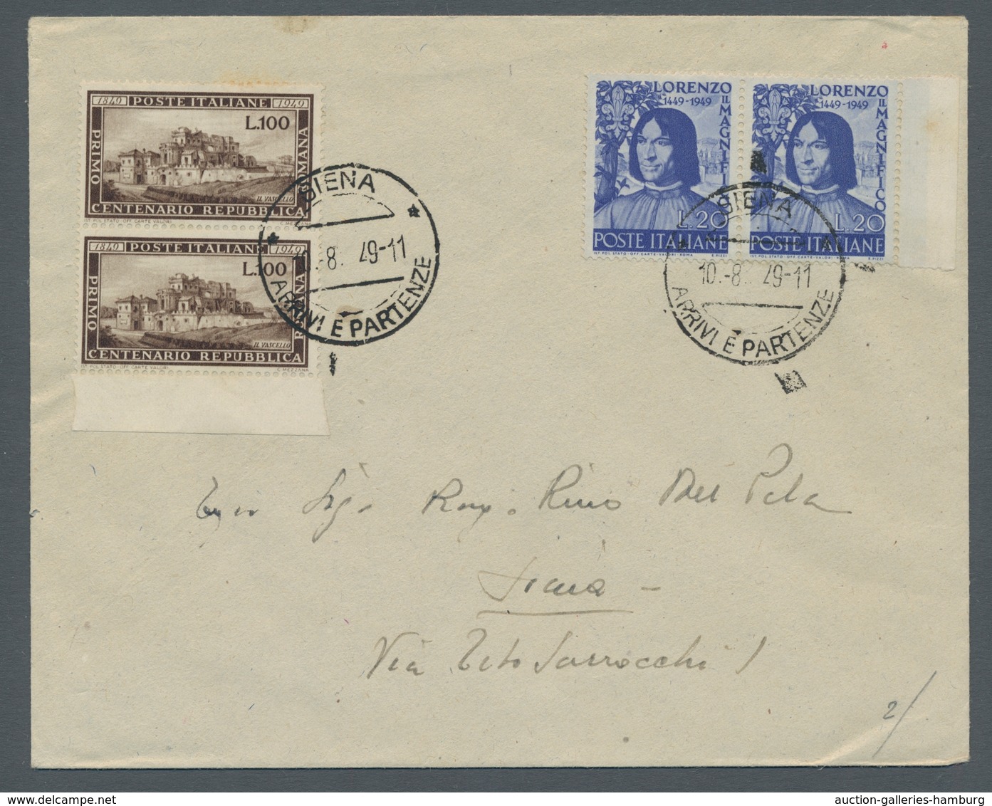 Italien: 1949, Michel 773 Pair, 782 Pair, Both On Overstamped Cover From Siena To The City, Fine Qua - Marcophilia