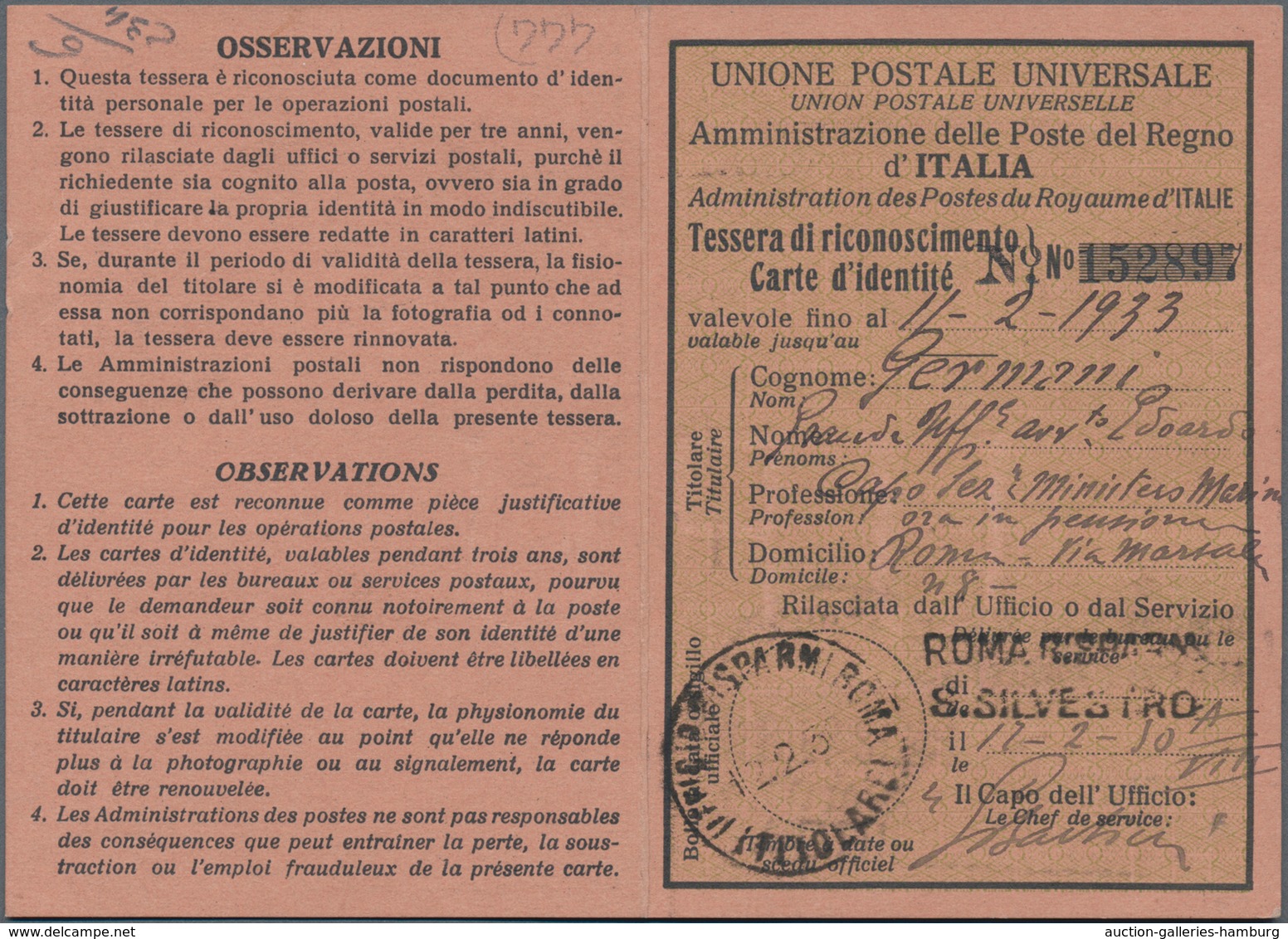 Italien - Besonderheiten: 1901/1930: Postal Identity Card, Fees Paid With A 5 Lire From The 1901 "Fl - Sin Clasificación