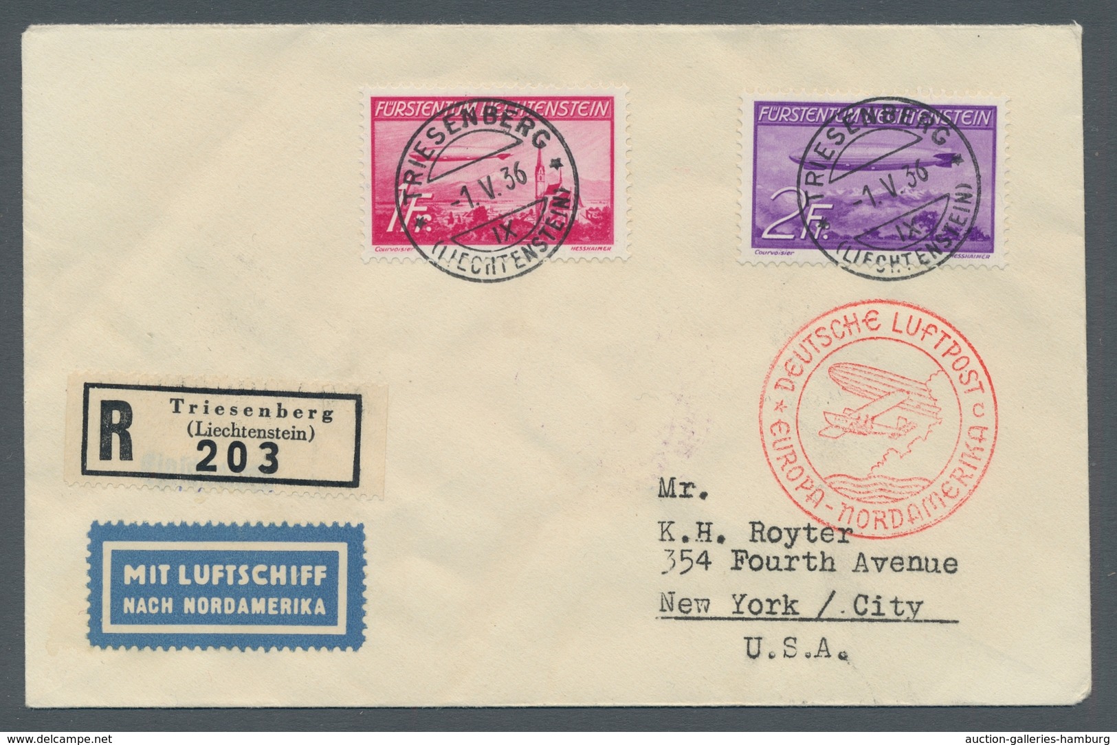 Liechtenstein: 1936, Zeppelinausgabe Als FDC-R-Satzbrief Von Triesenberg Den 1.V.36 Nach New York Mi - Usados