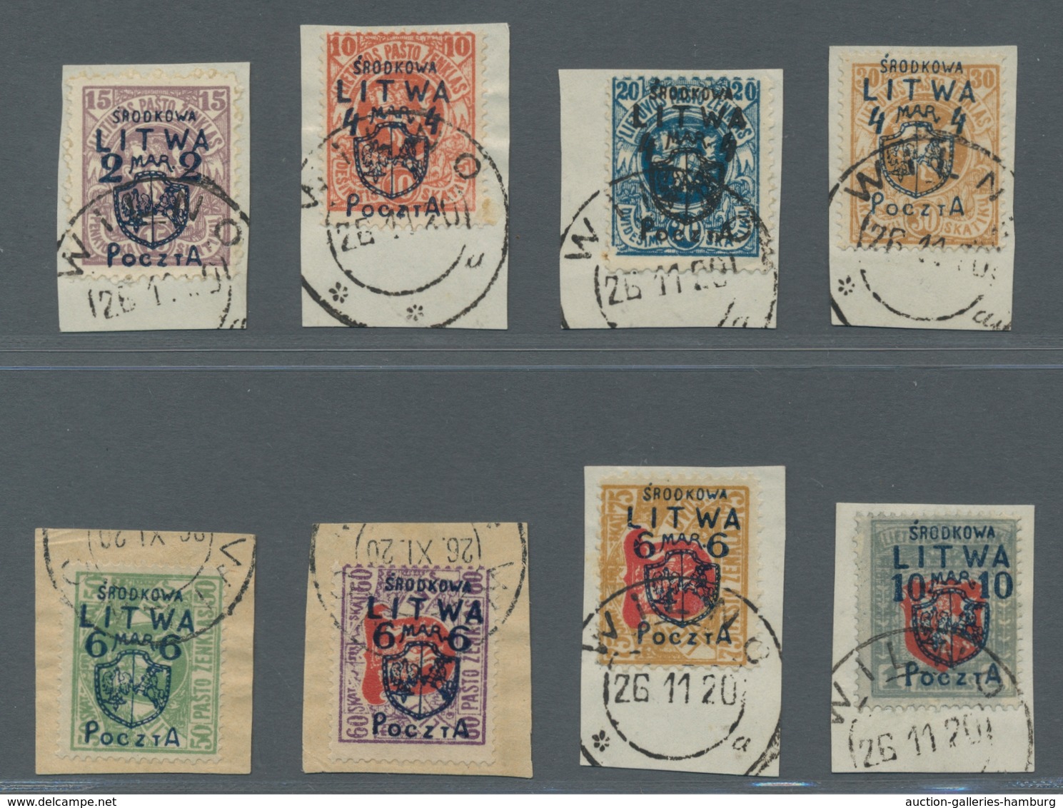 Mittellitauen: 1920, "printed edition", complete set each value on cabinet letter piece with clear W