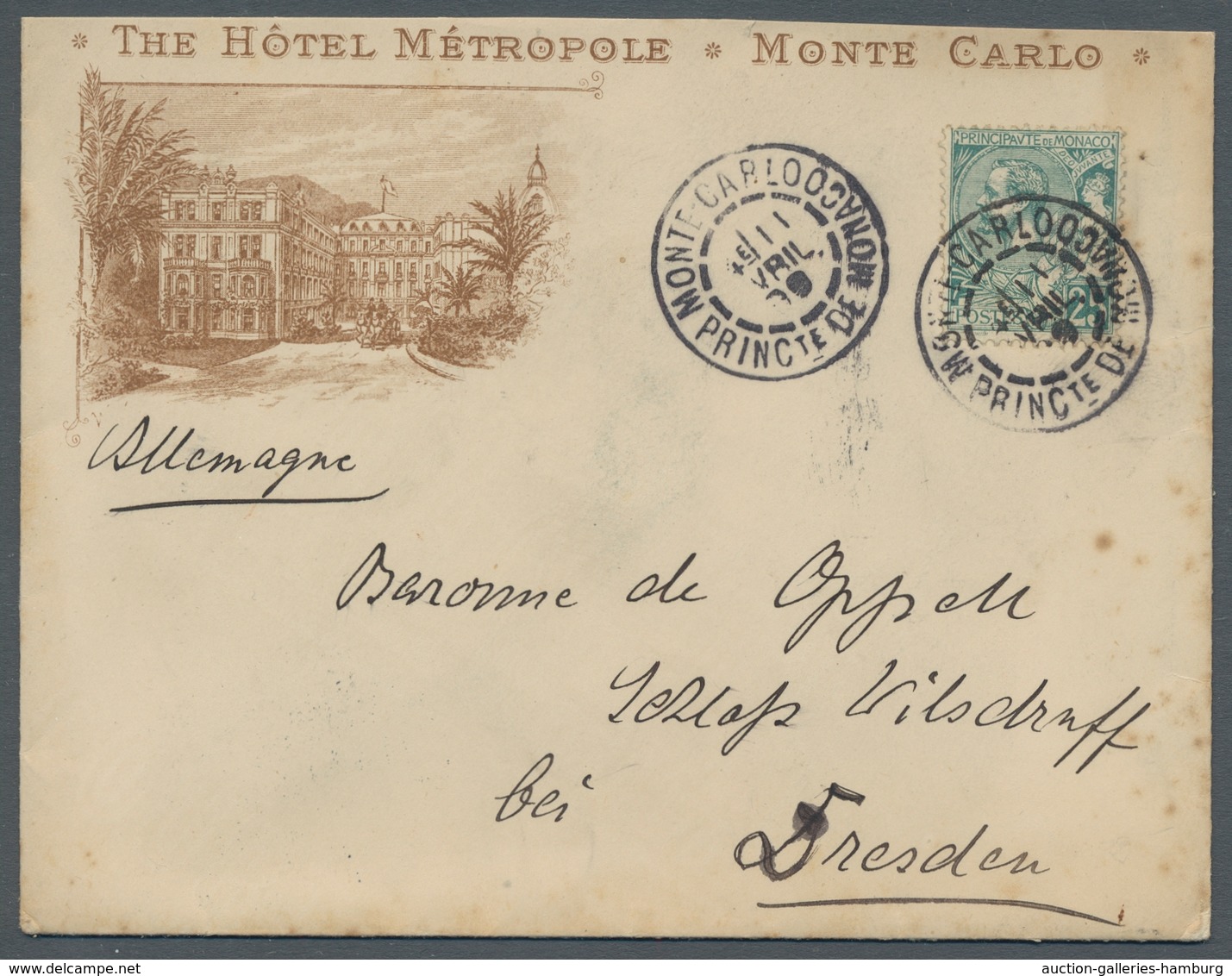 Monaco: 1899, Highly Decorative Letter Sent From "THE HOTEL METROPLOLE - MONTE CARLO", Some Stains - Cartas & Documentos