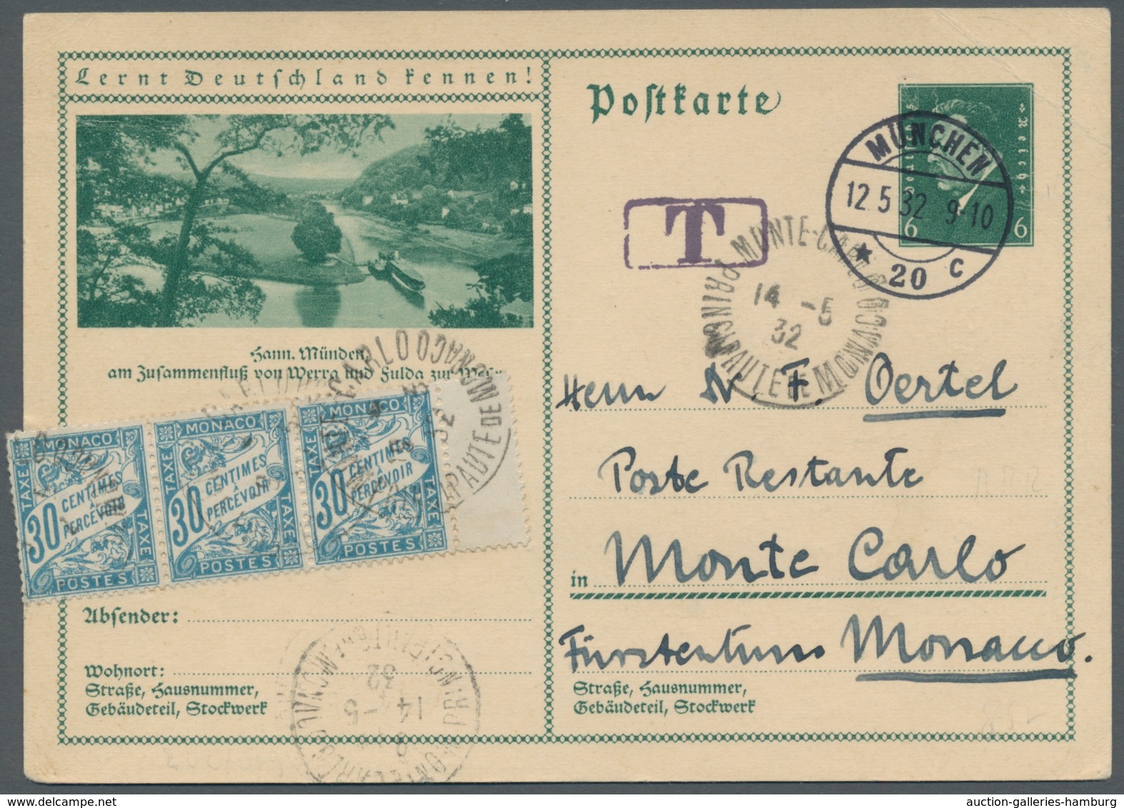 Monaco - Portomarken: 1932, 30 Centimes Blau, Dreierstreifen Mit Teil Eines Zwischenstegs Auf Deutsc - Postage Due