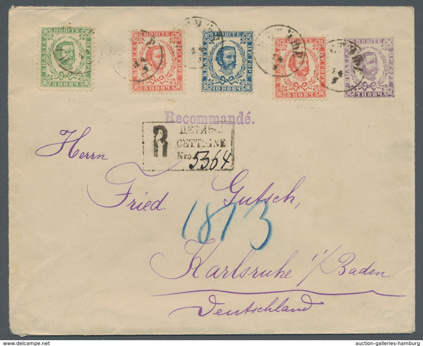 Montenegro: 1879-90, Four-color Franking Of The 2nd Edition On Postal Stationery Cover As R-letter F - Montenegro