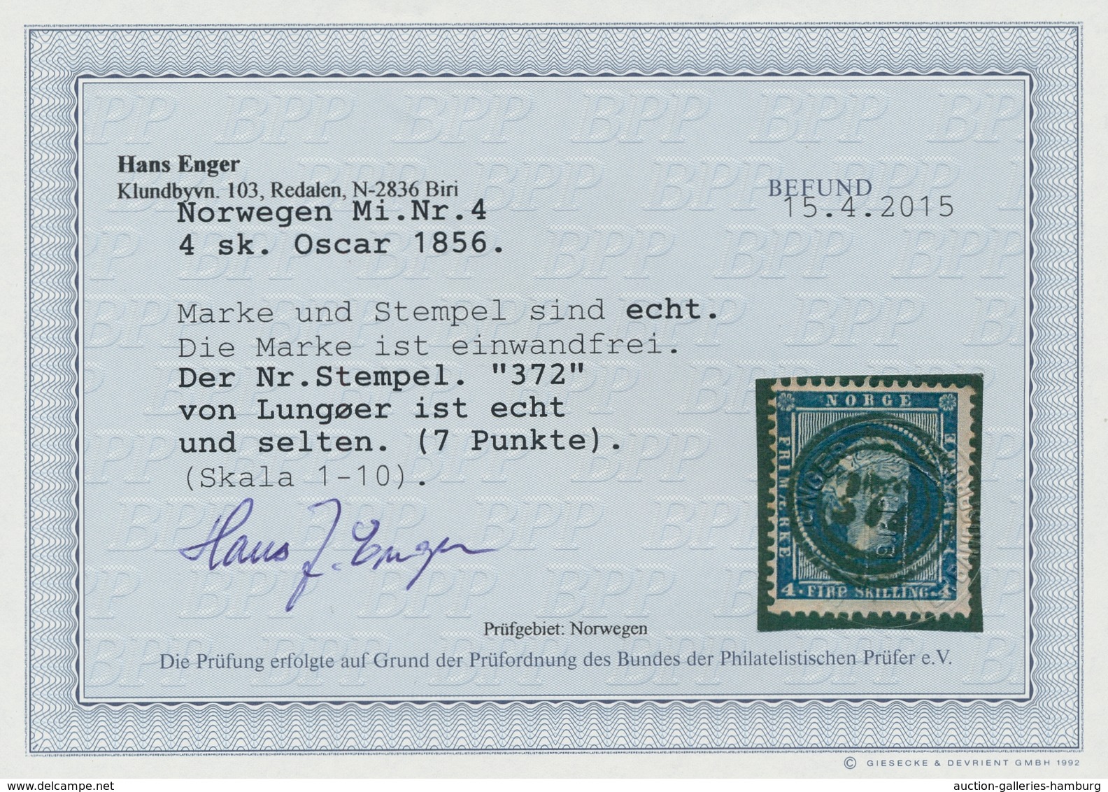 Norwegen - Stempel: 1856, "372" - LYNGÖER, Rare Postmark Applied Clear And Central On 4 Sk. Oscar In - Other & Unclassified